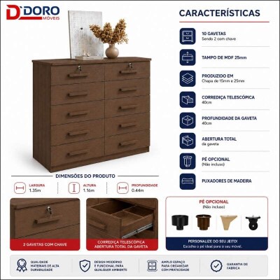C�moda Ryad Com 10 Gavetas Castanho - D Doro