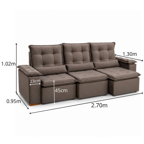 Sof� Retr�til Reclin�vel Gr�cia 2.70m Veludo Marrom - Sem Caixa