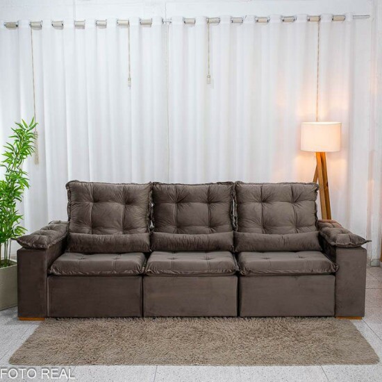 Sof� Retr�til Reclin�vel Gr�cia 2.70m Veludo Marrom - Sem Caixa