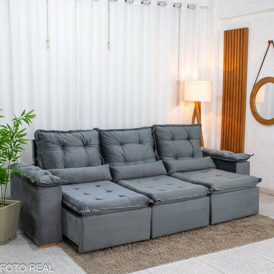 Sof� Retr�til Reclin�vel Gr�cia 2.70m Veludo Cinza - Sem Caixa
