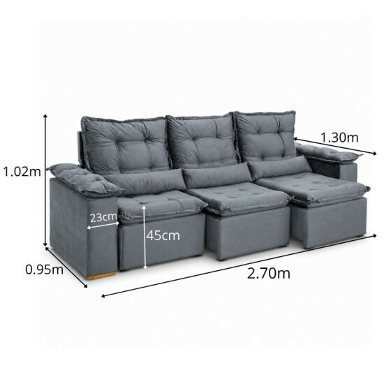 Sof� Retr�til Reclin�vel Gr�cia 2.70m Veludo Cinza - Sem Caixa