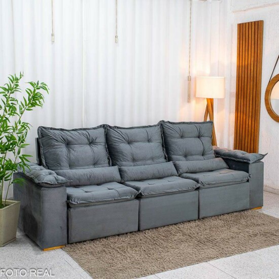 Sof� Retr�til Reclin�vel Gr�cia 2.70m Veludo Cinza - Sem Caixa
