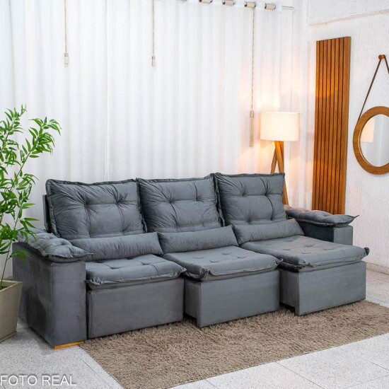 Sof� Retr�til Reclin�vel Gr�cia 2.70m Veludo Cinza - Sem Caixa