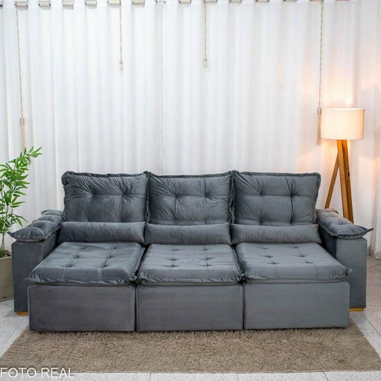 Sof� Retr�til Reclin�vel Gr�cia 2.70m Veludo Cinza - Sem Caixa