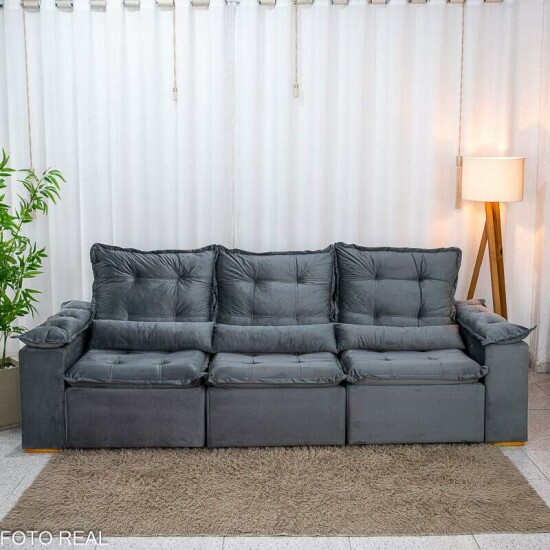 Sof� Retr�til Reclin�vel Gr�cia 2.70m Veludo Cinza - Sem Caixa