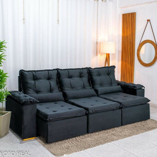 Sof� Retr�til Reclin�vel Gr�cia 2.70m Veludo Preto - Sem Caixa