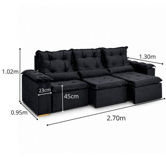 Sof� Retr�til Reclin�vel Gr�cia 2.70m Veludo Preto - Sem Caixa