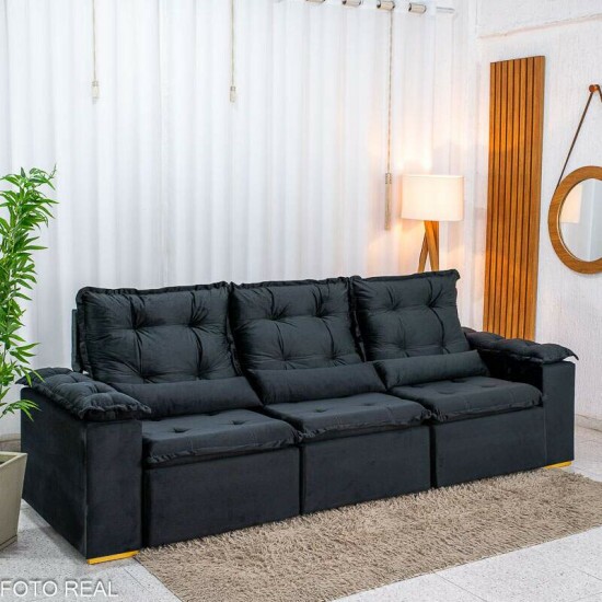 Sof� Retr�til Reclin�vel Gr�cia 2.70m Veludo Preto - Sem Caixa