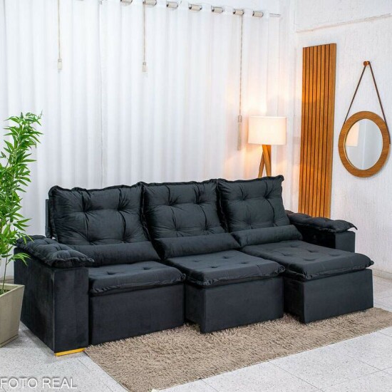 Sof� Retr�til Reclin�vel Gr�cia 2.70m Veludo Preto - Sem Caixa