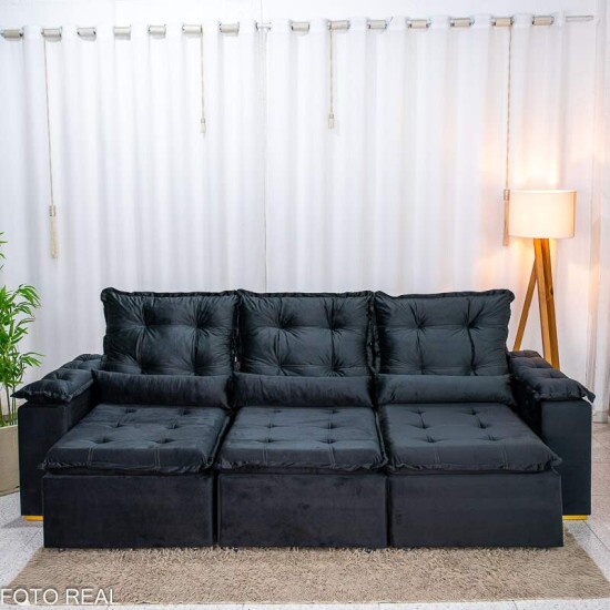 Sof� Retr�til Reclin�vel Gr�cia 2.70m Veludo Preto - Sem Caixa
