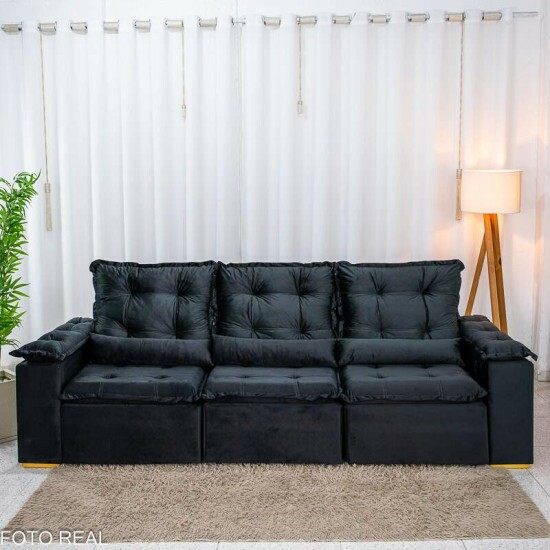 Sof� Retr�til Reclin�vel Gr�cia 2.70m Veludo Preto - Sem Caixa