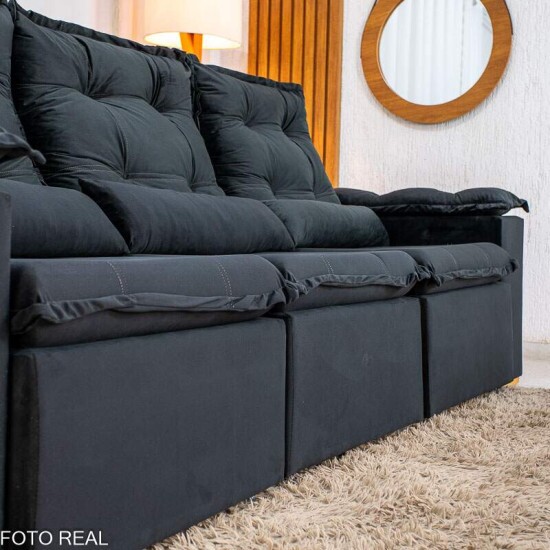 Sof� Retr�til Reclin�vel Gr�cia 2.70m Veludo Preto - Sem Caixa