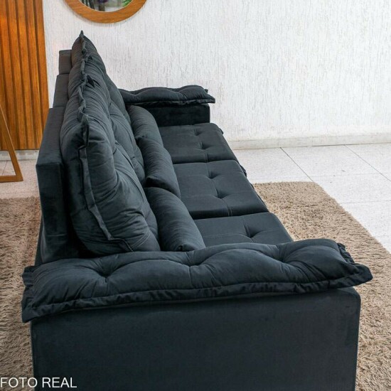 Sof� Retr�til Reclin�vel Gr�cia 2.70m Veludo Preto - Sem Caixa