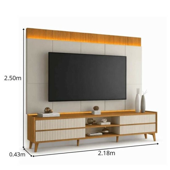 Sof� 3 lug. 8100 2.00m Linho Bege 24 + Rack Magn�fico 212 Larg. 2.18m + Painel Magn�fico 220 Nature/Off C/LED e Ripado TV at� 85\\\" - Gelius