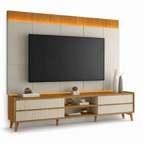 Sof� 3 lug. 8100 2.00m Linho Bege 24 + Rack Magn�fico 212 Larg. 2.18m + Painel Magn�fico 220 Nature/Off C/LED e Ripado TV at� 85\\\" - Gelius