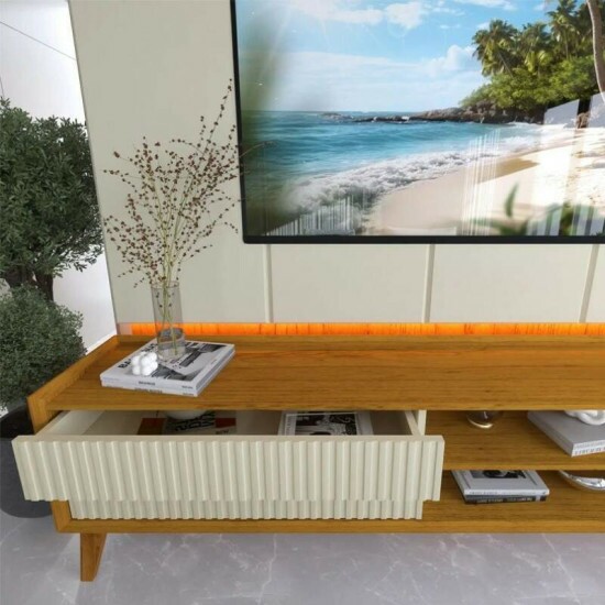 Sof� 3 lug. 8100 2.00m Linho Bege 24 + Rack Magn�fico 212 Larg. 2.18m + Painel Magn�fico 220 Nature/Off C/LED e Ripado TV at� 85\\\" - Gelius