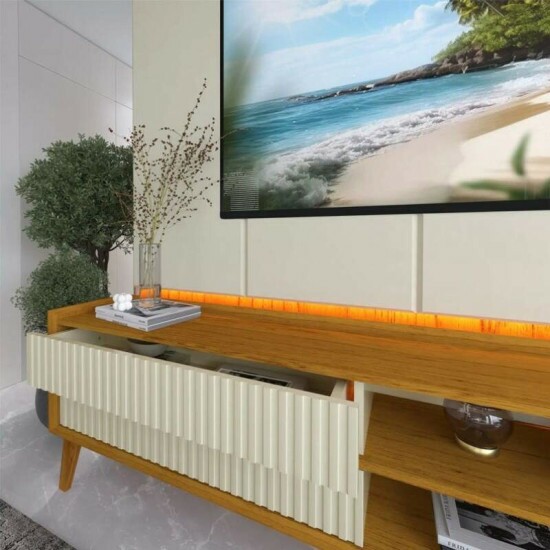 Sof� 3 lug. Gramado 2.10m Korino Nobuck Marrom 3051 + Rack Magn�fico 212 Larg. 2.18m + Painel Magn�fico 220 Nature/Off C/LED e Ripado TV at� 85\\\" - Gelius