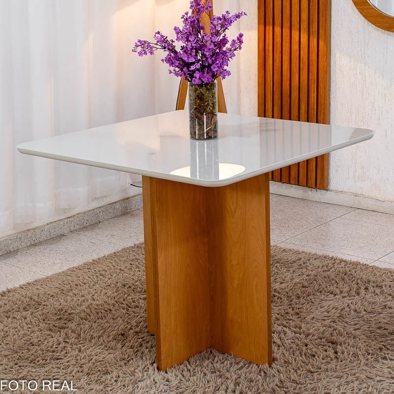 Mesa de Jantar Moscou 90x90 Vidro Off + 4 Cad. Atlanta Linho Bege
