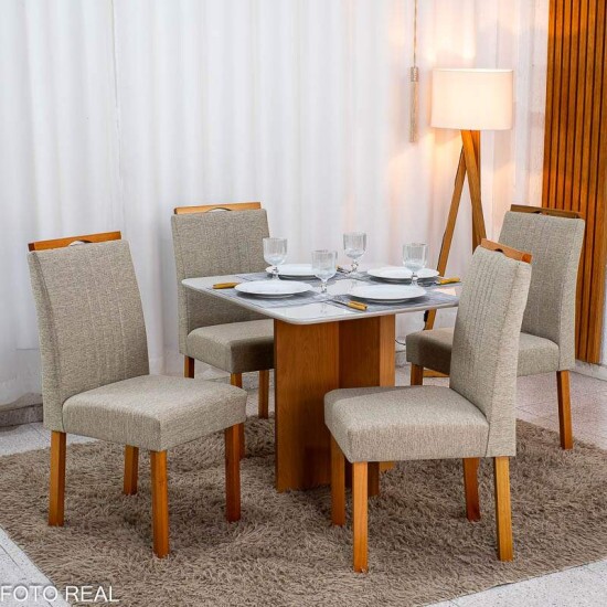 Mesa Moscou 90x90 Vidro Off Base Cinamomo + 4 Cadeiras Atlanta Linho Bege Estrutura Madeira Minas Plac | Entregue Montada
