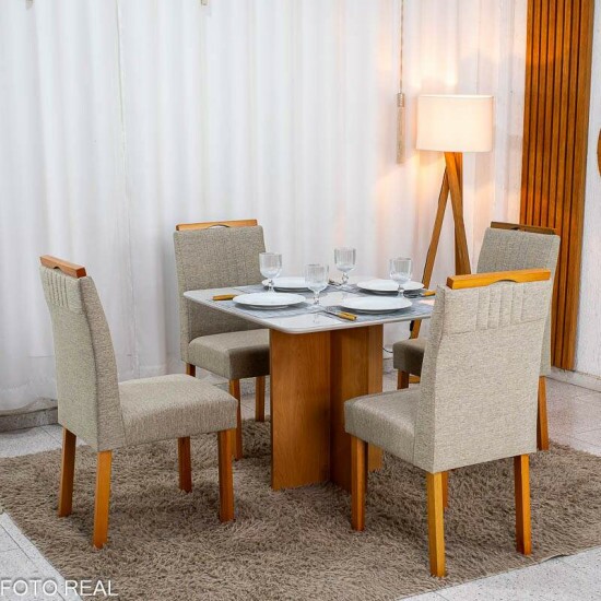 Mesa Moscou 90x90 Vidro Off Base Cinamomo + 4 Cadeiras Atlanta Linho Bege Estrutura Madeira Minas Plac | Entregue Montada