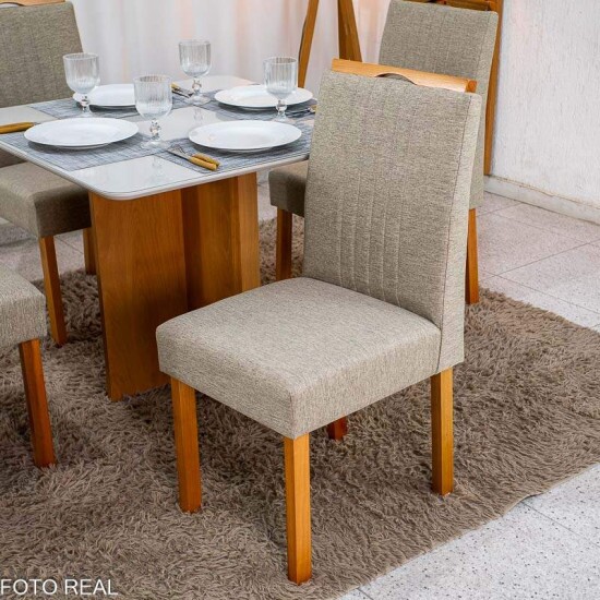 Mesa Moscou 90x90 Vidro Off Base Cinamomo + 4 Cadeiras Atlanta Linho Bege Estrutura Madeira Minas Plac | Entregue Montada