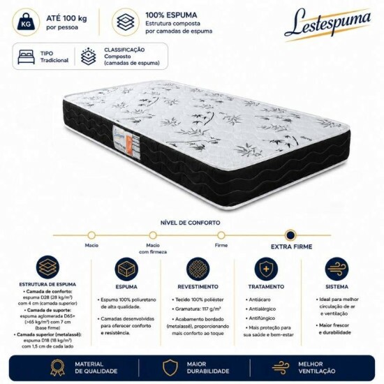 Colch�o Solteiro Extra firme D28/D65 88x188x18 - Lestespuma | Suporta at� 100kg