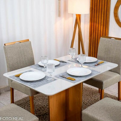Mesa Moscou 120x80 Cinamomo/Vidro Off + 4 Cadeiras Atlanta Linho Bege Madeira Minas Plac - Entregue Montada