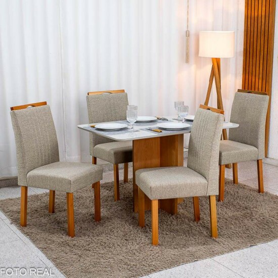 Mesa Moscou 120x80 Cinamomo/Vidro Off + 4 Cadeiras Atlanta Linho Bege Madeira Minas Plac - Entregue Montada