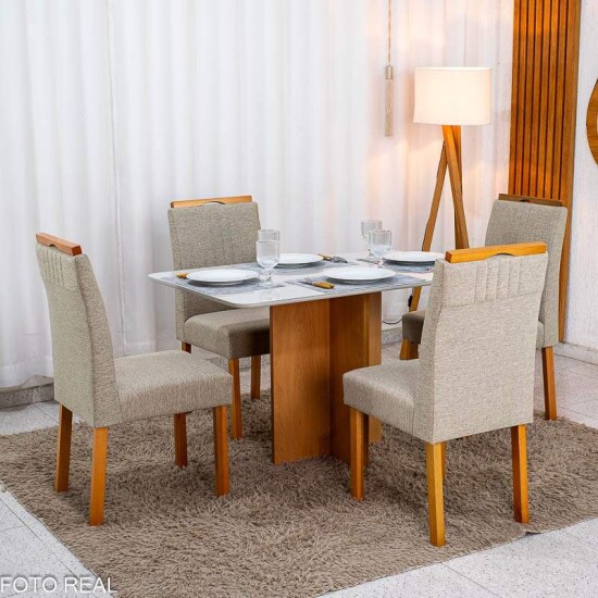 Mesa Moscou 120x80 Cinamomo/Vidro Off + 4 Cadeiras Atlanta Linho Bege Madeira Minas Plac - Entregue Montada