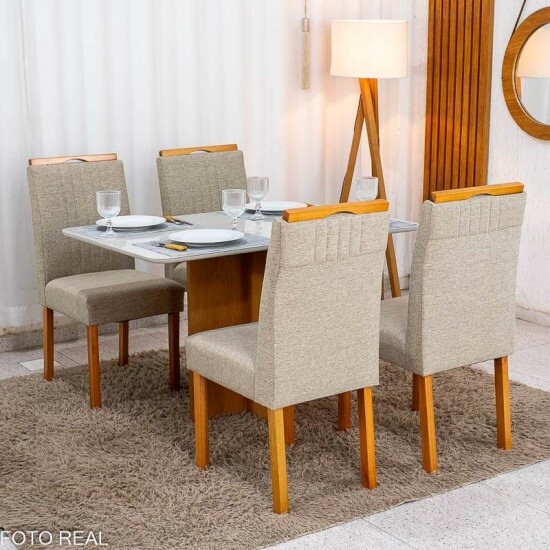 Mesa Moscou 120x80 Cinamomo/Vidro Off + 4 Cadeiras Atlanta Linho Bege Madeira Minas Plac - Entregue Montada