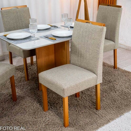 Mesa Moscou 120x80 Cinamomo/Vidro Off + 4 Cadeiras Atlanta Linho Bege Madeira Minas Plac - Entregue Montada