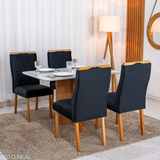 Mesa de Jantar Moscou 120x80 Vidro Off Base Cinamomo Minas Plac + 4 Cadeiras Lisboa Veludo Preto 504 Art Assento - Entregue Montada