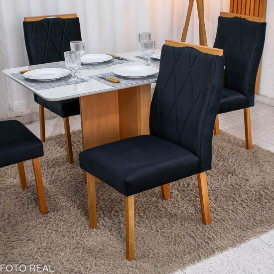 Mesa de Jantar Moscou 120x80 Vidro Off Base Cinamomo Minas Plac + 4 Cadeiras Lisboa Veludo Preto 504 Art Assento - Entregue Montada