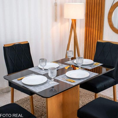 Mesa de Jantar Moscou 120x80 Vidro Preto Base Cinamomo Minas Plac + 4 Cadeiras Lisboa Veludo Preto 504 Art Assento - Entregue Montada