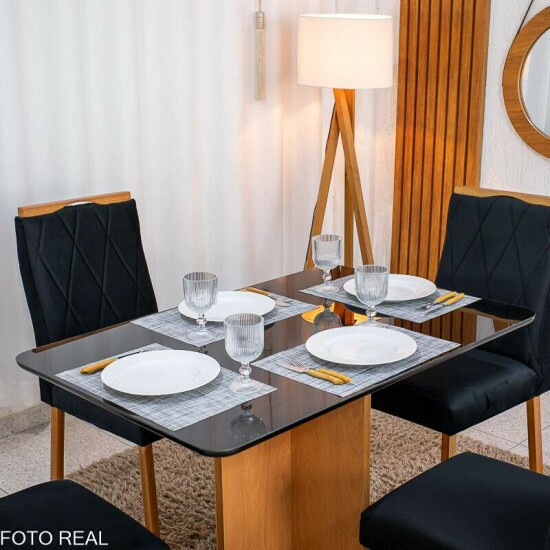Mesa Moscou 120x80 Vidro Preto/Base Cinamomo - Minas Plac + 4 Cadeiras Lisboa Veludo Preto 504 Madeira Art Assento - Entregue Montada