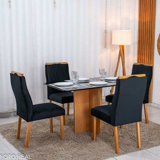 Mesa Moscou 120x80 Vidro Preto/Base Cinamomo - Minas Plac + 4 Cadeiras Lisboa Veludo Preto 504 Madeira Art Assento - Entregue Montada