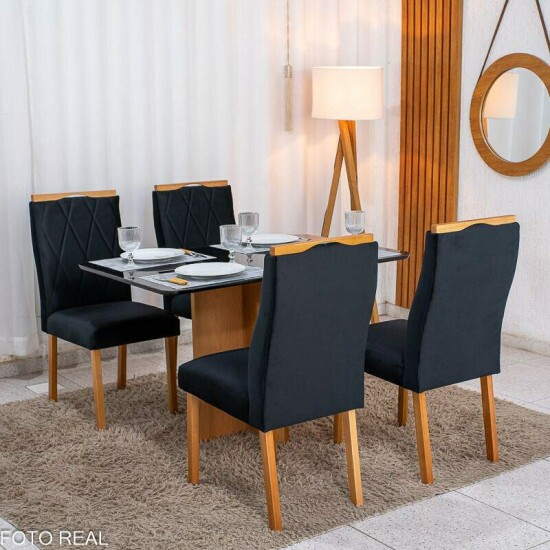 Mesa Moscou 120x80 Vidro Preto/Base Cinamomo - Minas Plac + 4 Cadeiras Lisboa Veludo Preto 504 Madeira Art Assento - Entregue Montada