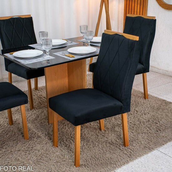 Mesa Moscou 120x80 Vidro Preto/Base Cinamomo - Minas Plac + 4 Cadeiras Lisboa Veludo Preto 504 Madeira Art Assento - Entregue Montada