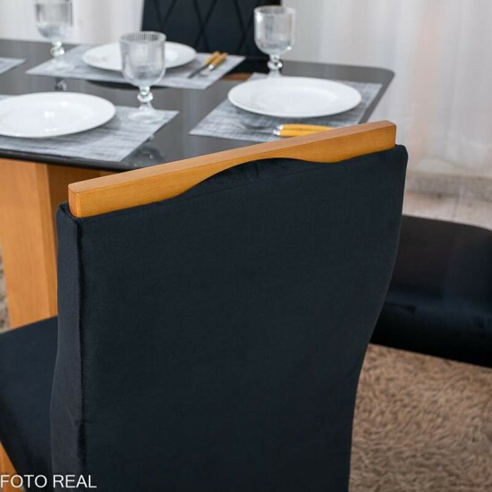 Mesa Moscou 120x80 Vidro Preto/Base Cinamomo - Minas Plac + 4 Cadeiras Lisboa Veludo Preto 504 Madeira Art Assento - Entregue Montada