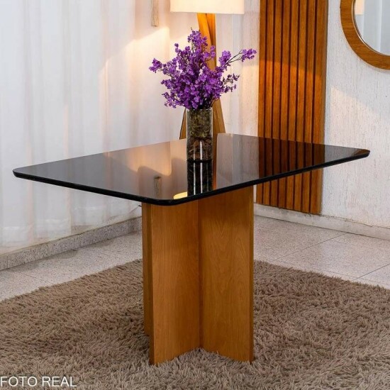 Mesa Moscou 120x80 Vidro Preto/Base Cinamomo - Minas Plac + 4 Cadeiras Lisboa Veludo Preto 504 Madeira Art Assento - Entregue Montada