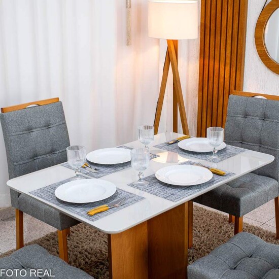 Mesa Moscou 120x80 Vidro Off/Base Cinamomo + 4 Cadeiras Londres Linho Cinza Madeira Minas Plac - Entregue Montada