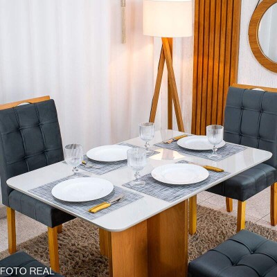Mesa de Jantar Moscou 120x80 Vidro Off Base Cinamomo + 4 Cadeiras Londres Veludo Chumbo Minas Plac - Entregue Montada