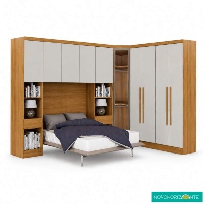 Modulado Casal Cumaru/Fendi Fosco 1 Guarda-Roupa Rizon New 4 Pts + 2 Criado Rizon + 1 Canto Obl�quo Rizon C/Porta de Vidro + 1 A�reo 3 portas Rizon - Novo Horizonte