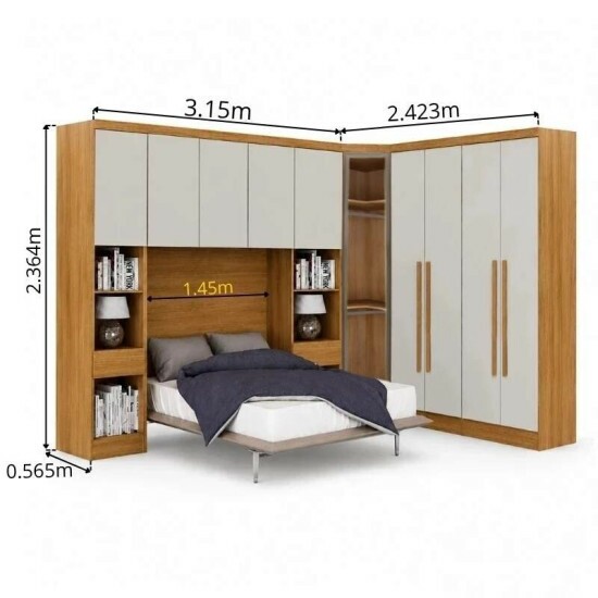 Modulado Casal Cumaru/Fendi Fosco 1 Guarda-Roupa Rizon New 4 Pts + 2 Criado Rizon + 1 Canto Obl�quo Rizon C/Porta de Vidro + 1 A�reo 3 portas Rizon - Novo Horizonte