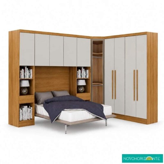 Modulado Casal Cumaru/Fendi Fosco 1 Guarda-Roupa Rizon New 4 Pts + 2 Criado Rizon + 1 Canto Obl�quo Rizon C/Porta de Vidro + 1 A�reo 3 portas Rizon - Novo Horizonte