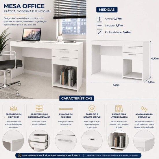 Mesa Office NT 51015 Branco Larg. 1.21m - Not�vel