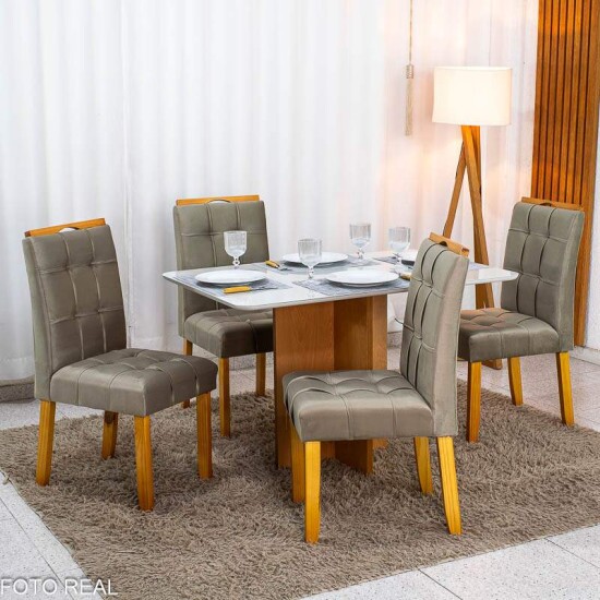 Mesa Moscou 120x80 Vidro Off/Base Cinamomo + 4 Cadeiras Londres Veludo Avel� Madeira Minas Plac - Entregue Montada