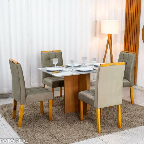 Mesa Moscou 120x80 Vidro Off/Base Cinamomo + 4 Cadeiras Londres Veludo Avel� Madeira Minas Plac - Entregue Montada