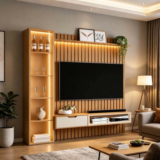 Combo Painel Ripado Plus Modular Nature + Nicho Tucum� Nature/Off + Torre Modular 2.2 Nature + Prateleira Luci Nature Larg. 2.16m - JB Bechara