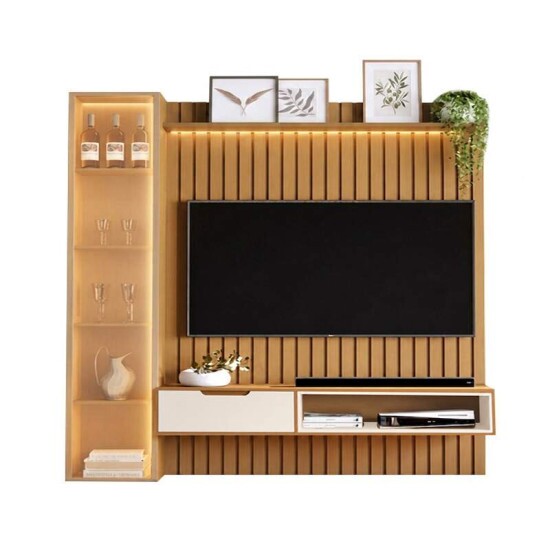 Combo Painel Ripado Plus Modular Nature + Nicho Tucum� Nature/Off + Torre Modular 2.2 Nature + Prateleira Luci Nature Larg. 2.16m - JB Bechara